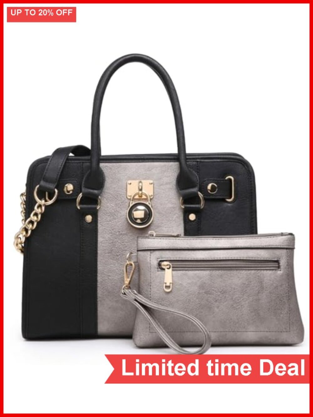 2pc Women's Faux Leather Satchel & Wristlet Set, Top Handle Tote, Vegan PU